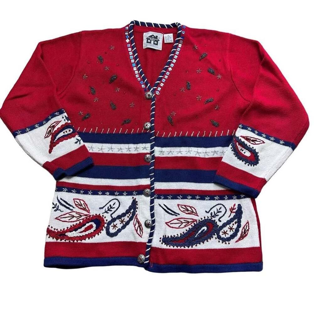 Storybook Knits Cardigan Size M Red White Blue Paisley